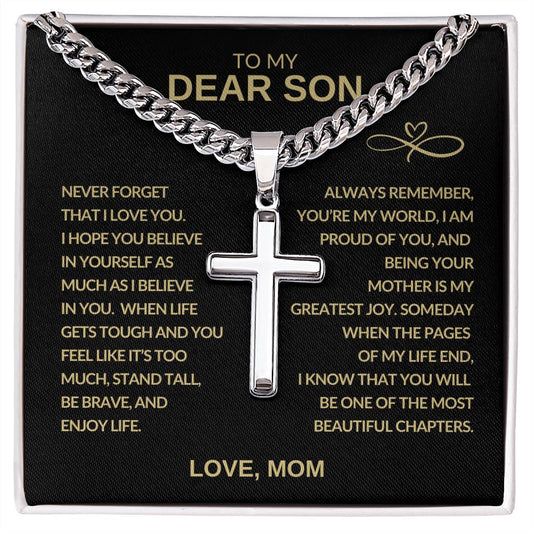 To My Dear Son | Always Remember Cuban Chain Artisan Cross Necklace